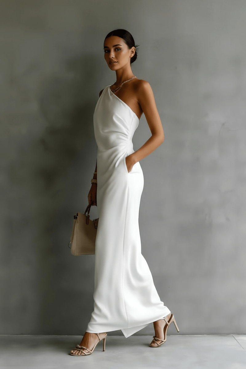 Satin Off-shoulder Maxi Dress in Black – Elegant Draping Style - @BlackWhite