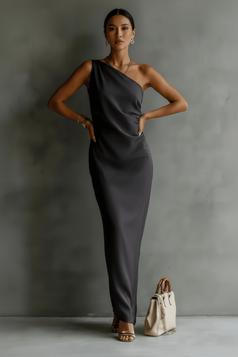 Satin Off-shoulder Maxi Dress in Black – Elegant Draping Style - @BlackWhite