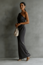 Satin Off-shoulder Maxi Dress in Black – Elegant Draping Style - @BlackWhite