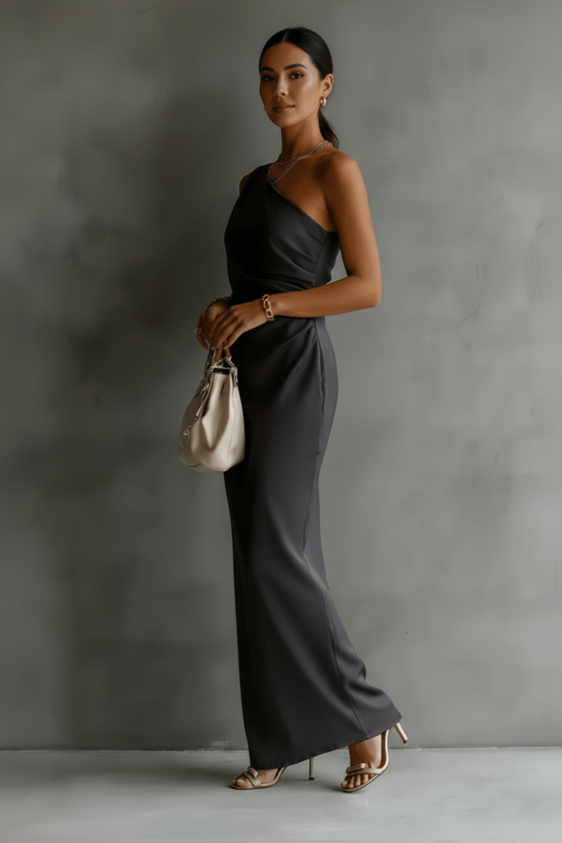 Satin Off-shoulder Maxi Dress in Black – Elegant Draping Style - @BlackWhite