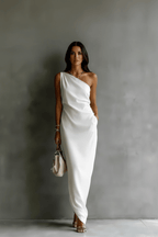 Satin Off-shoulder Maxi Dress in Black – Elegant Draping Style - @BlackWhite