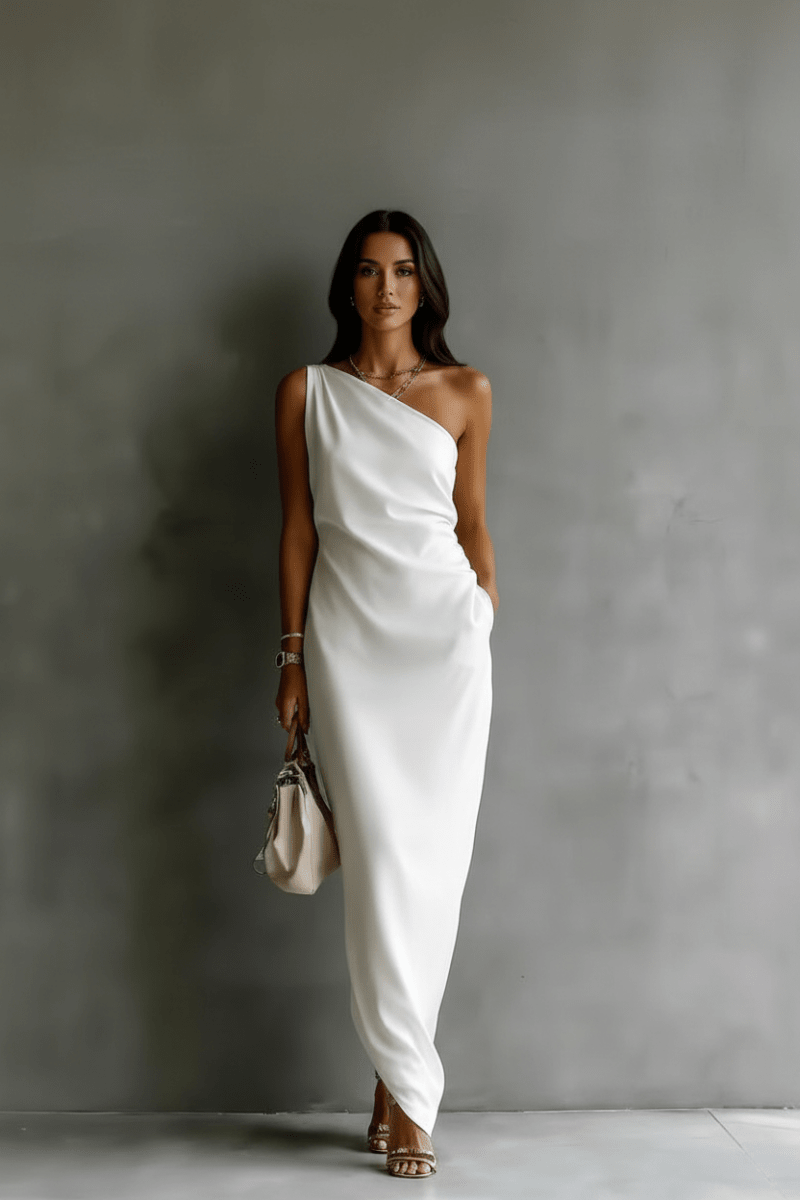 Satin Off-shoulder Maxi Dress in Black – Elegant Draping Style - @BlackWhite