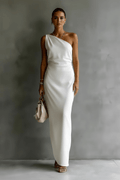 Satin Off-shoulder Maxi Dress in Black – Elegant Draping Style - @BlackWhite