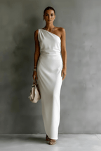 Satin Off-shoulder Maxi Dress in Black – Elegant Draping Style - @BlackWhite