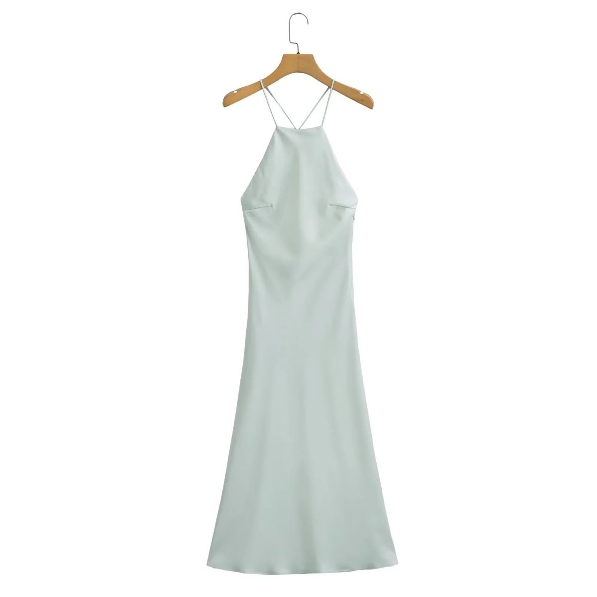 Front view of the light blue satin sling dress, emphasizing its elegant silk texture and long length.