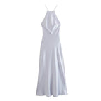 Front view of the light blue satin sling dress, featuring a silk texture and long length, ideal for chic outfits.