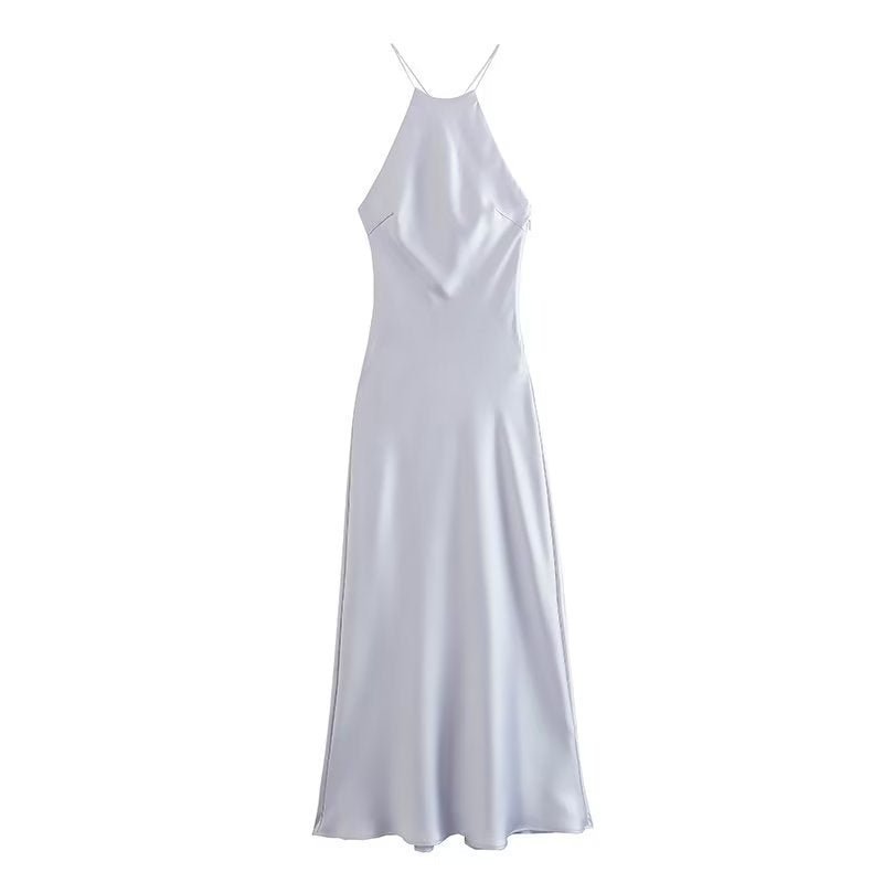 Front view of the light blue satin sling dress, featuring a silk texture and long length, ideal for chic outfits.