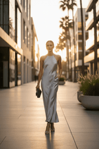 Lifestyle shot of the satin sling dress in silver, showcasing its chic sleeveless design.