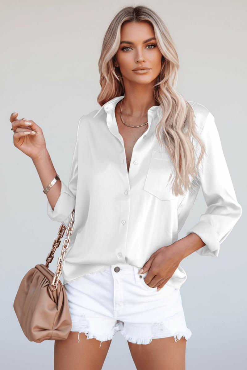 Satin V-Neck Long Sleeve Office Blouse – Black & White - @BlackWhite