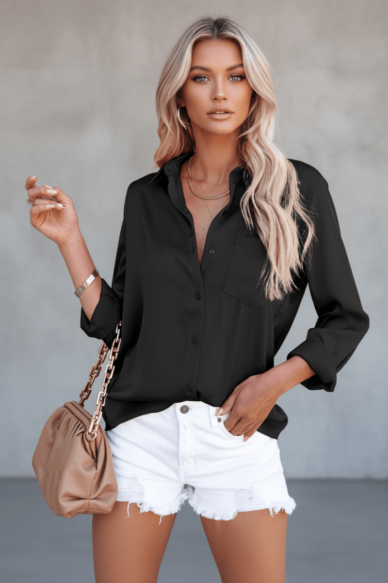 Satin V-Neck Long Sleeve Office Blouse – Black & White - @BlackWhite