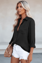 Satin V-Neck Long Sleeve Office Blouse – Black & White - @BlackWhite