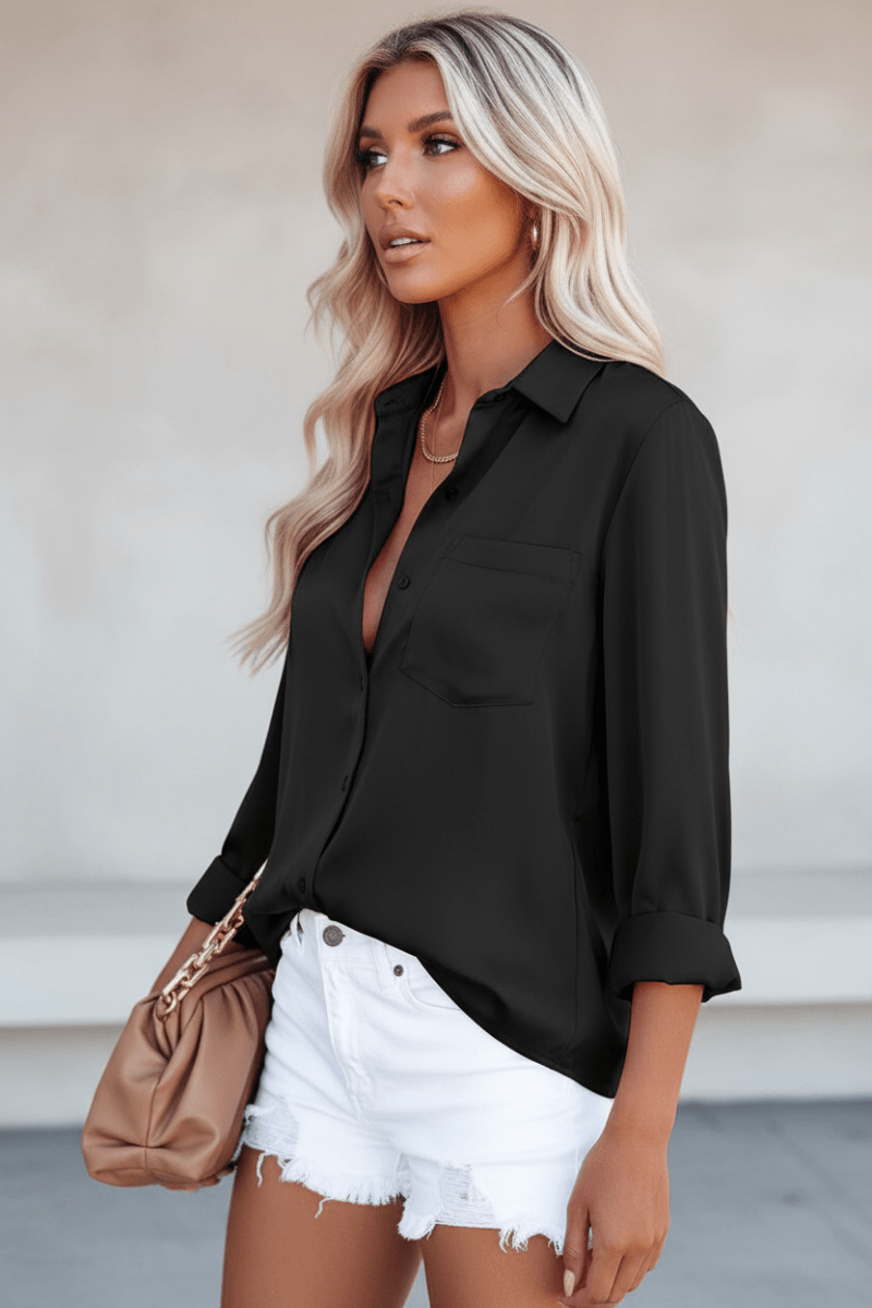 Satin V-Neck Long Sleeve Office Blouse – Black & White - @BlackWhite