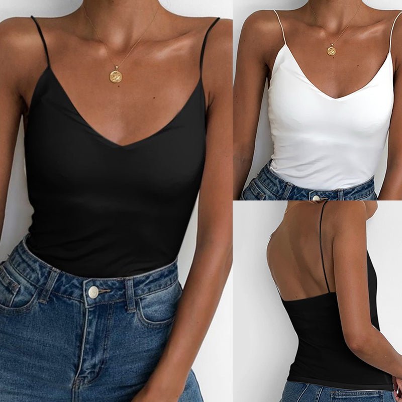 Lifestyle view of black and white satin camisole tops featuring thin straps and v-neckline, elegant minimalist fashion.