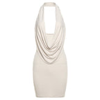 Front view of a khaki halter dress with a draped design, ideal for a chic evening look.