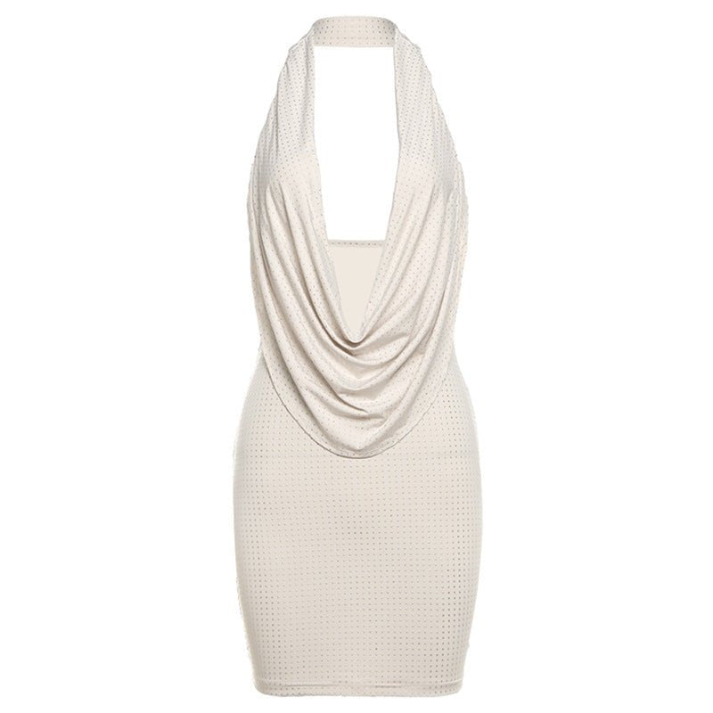 Front view of a khaki halter dress with a draped design, ideal for a chic evening look.