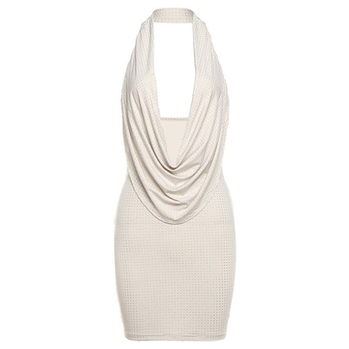 Front view of a khaki halter dress with a draped design, ideal for a chic evening look.