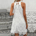 Front view of a white sleeveless halter dress with scalloped hem, perfect for summer outings @Black#White