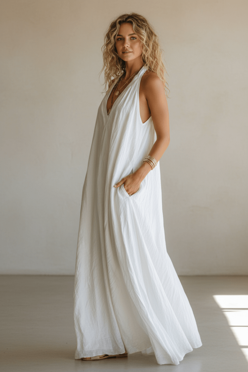 Sleeveless V-Neck Maxi Dress with Pockets – White - @BlackWhite