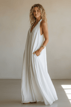 Sleeveless V-Neck Maxi Dress with Pockets – White - @BlackWhite