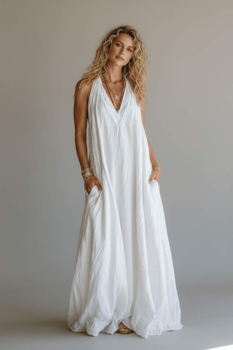 Sleeveless V-Neck Maxi Dress with Pockets – White - @BlackWhite