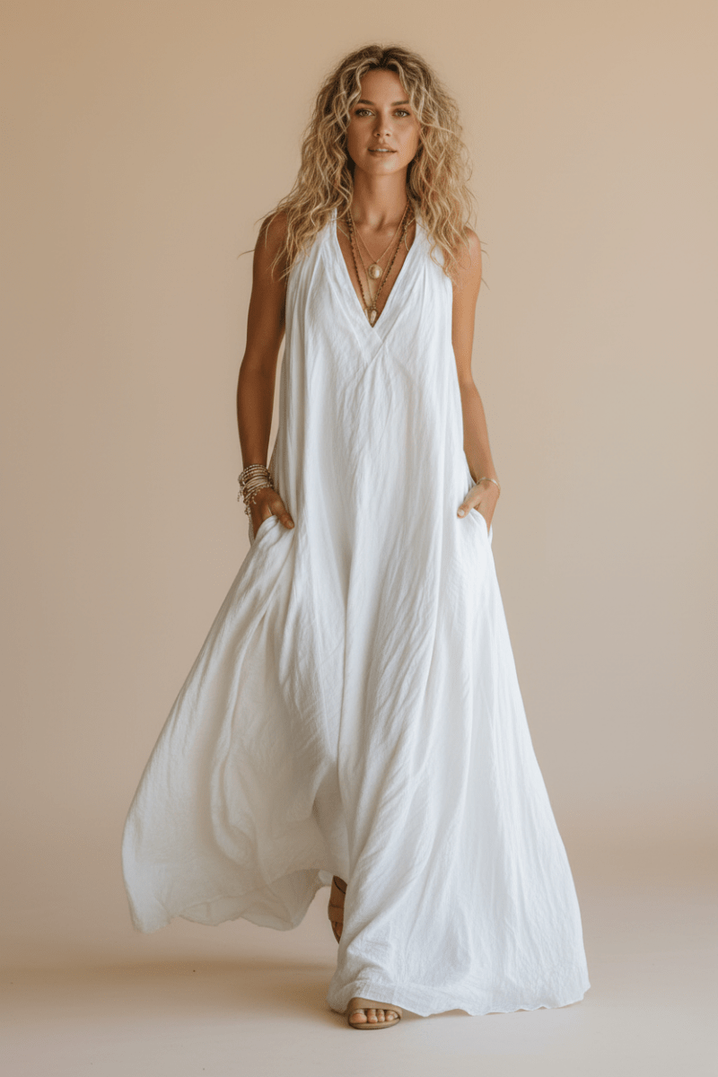 Sleeveless V-Neck Maxi Dress with Pockets – White - @BlackWhite