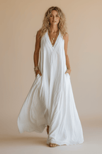 Sleeveless V-Neck Maxi Dress with Pockets – White - @BlackWhite