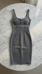 Slim-Fit Denim Suspender Dress with Side Slit – Black Grey - @BlackWhite
