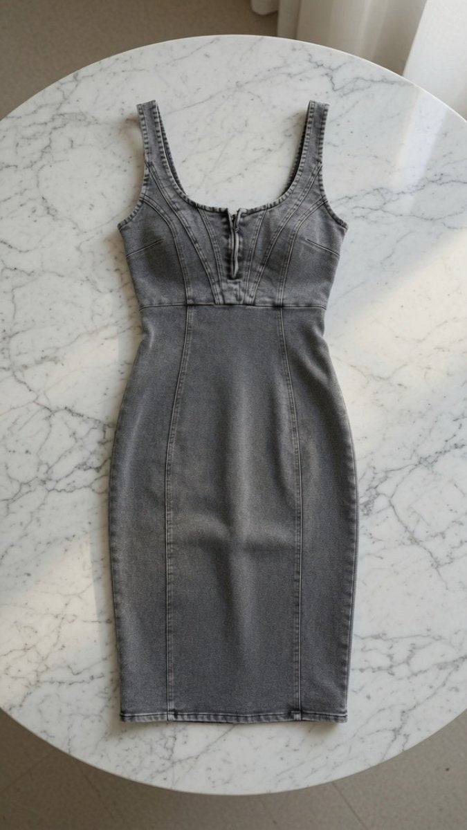 Slim-Fit Denim Suspender Dress with Side Slit – Black Grey - @BlackWhite