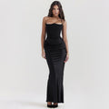 Front view of the black evening gown with a fitted silhouette, chic minimalist style for evening events.
