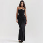 Front view of the black evening gown with a fitted silhouette, chic minimalist style for evening events.