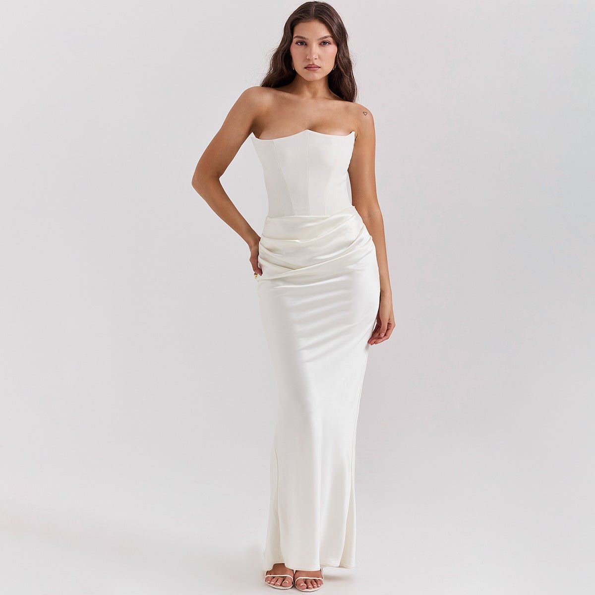 Front view of the black evening gown highlighting its sleek design, ideal for sophisticated events.