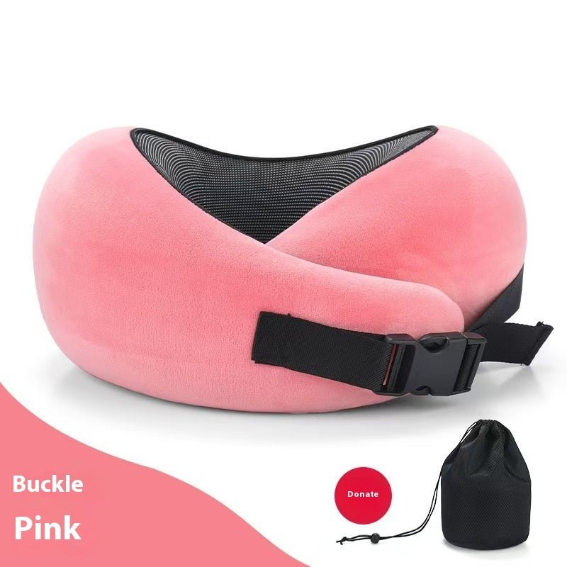 Detail close-up of the navy neck pillow, showcasing adjustable design and memory foam.
