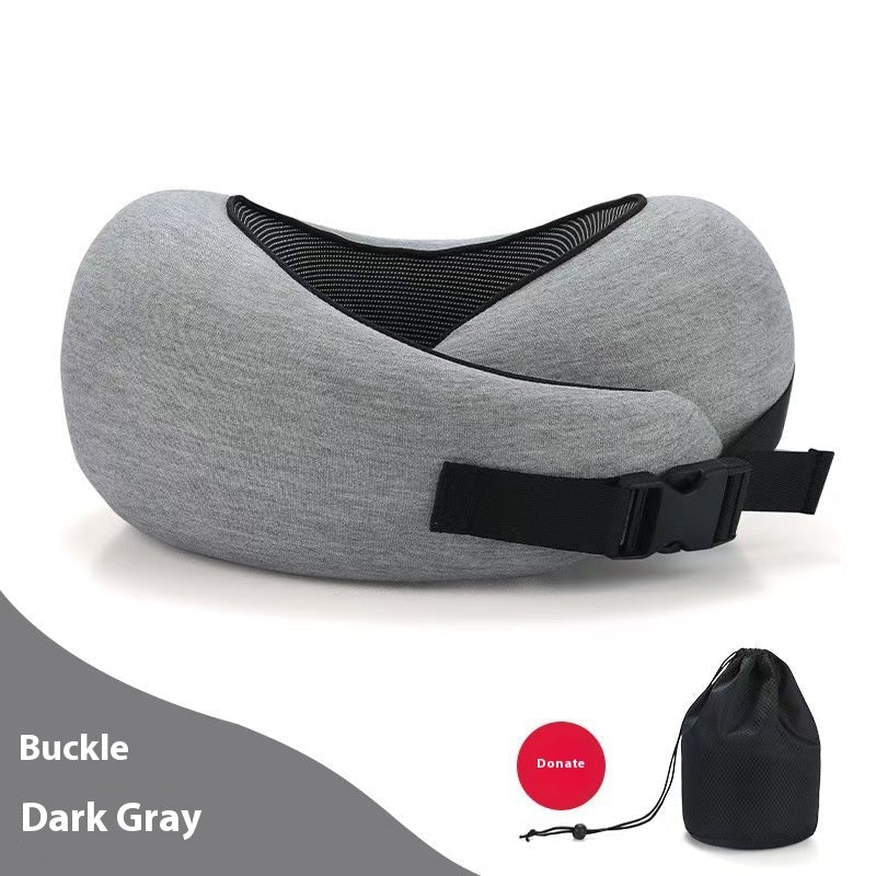 Detail close-up of the dark gray adjustable memory foam travel neck pillow featuring four pieces.