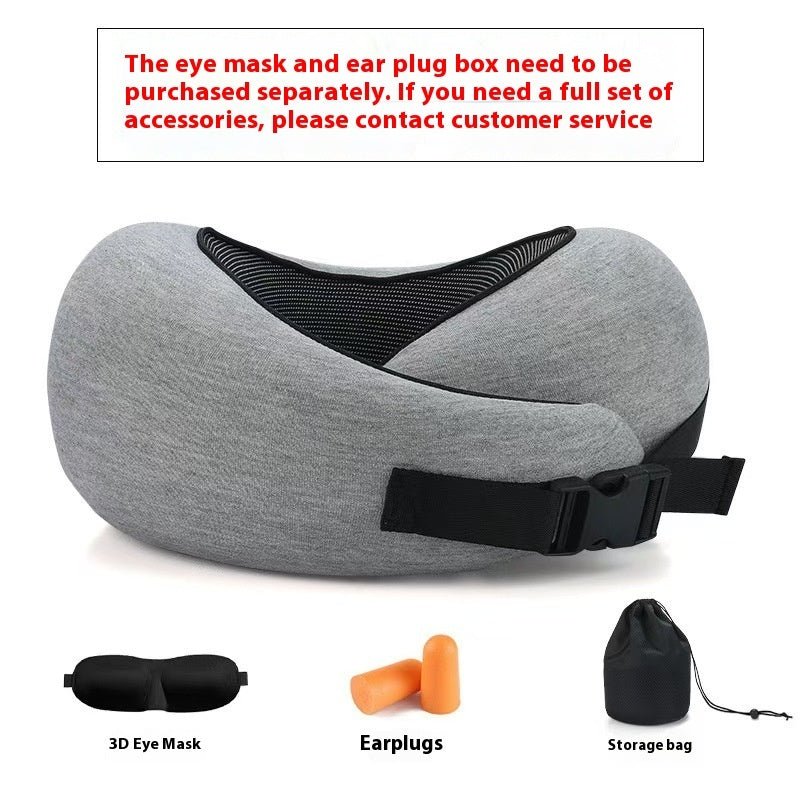 Detail shot highlighting the specifications of the dark gray neck pillow on a white background.