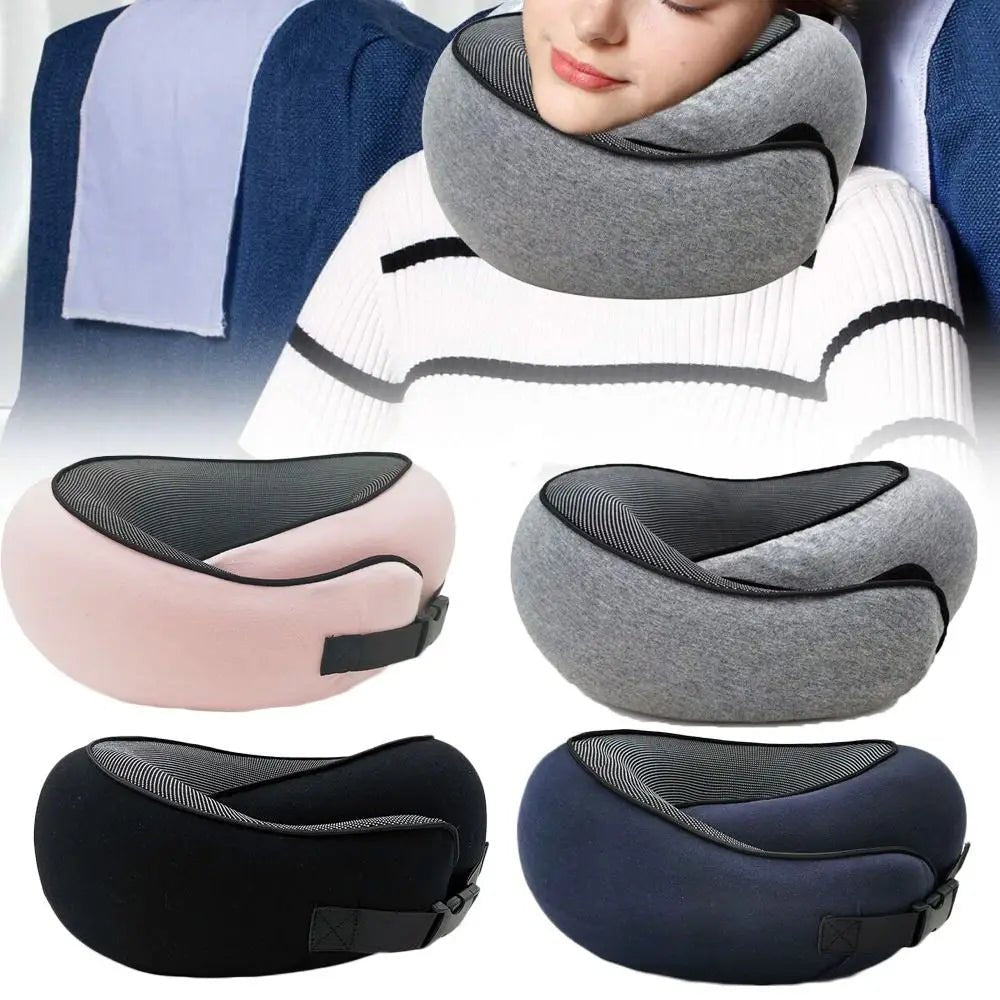 Dark gray neck pillow with adjustable memory foam support in a lifestyle setting.