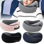 Dark gray neck pillow with adjustable memory foam support in a lifestyle setting.