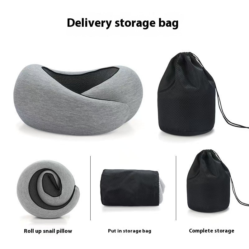Dark gray neck pillow showcasing its adjustable memory foam design in a lifestyle shot.