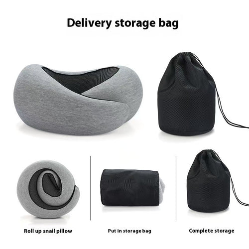 Dark gray neck pillow showcasing its adjustable memory foam design in a lifestyle shot.