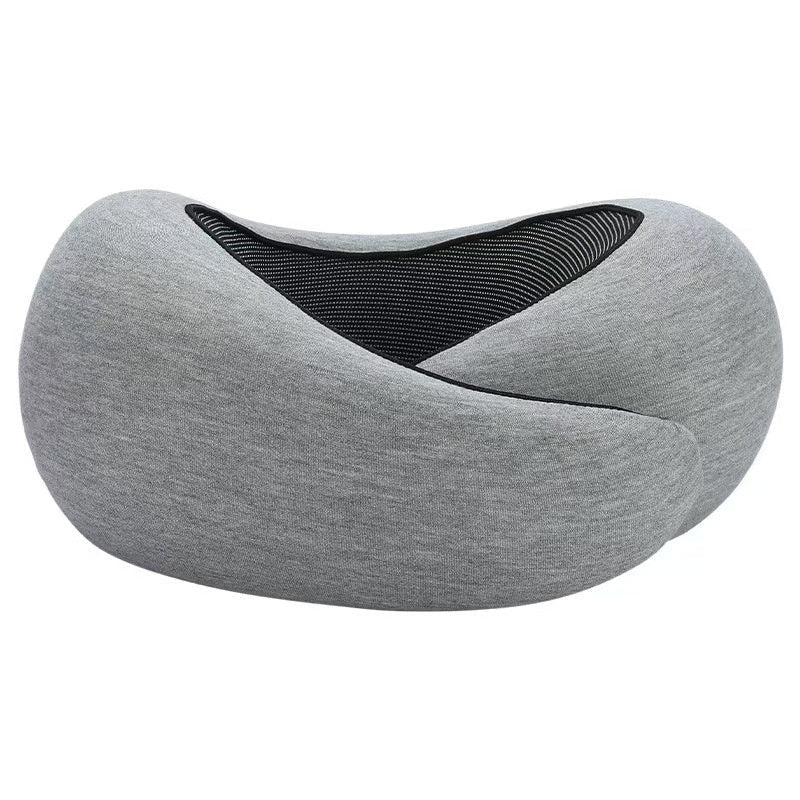 Lifestyle shot of a gray travel neck pillow featuring adjustable memory foam support.