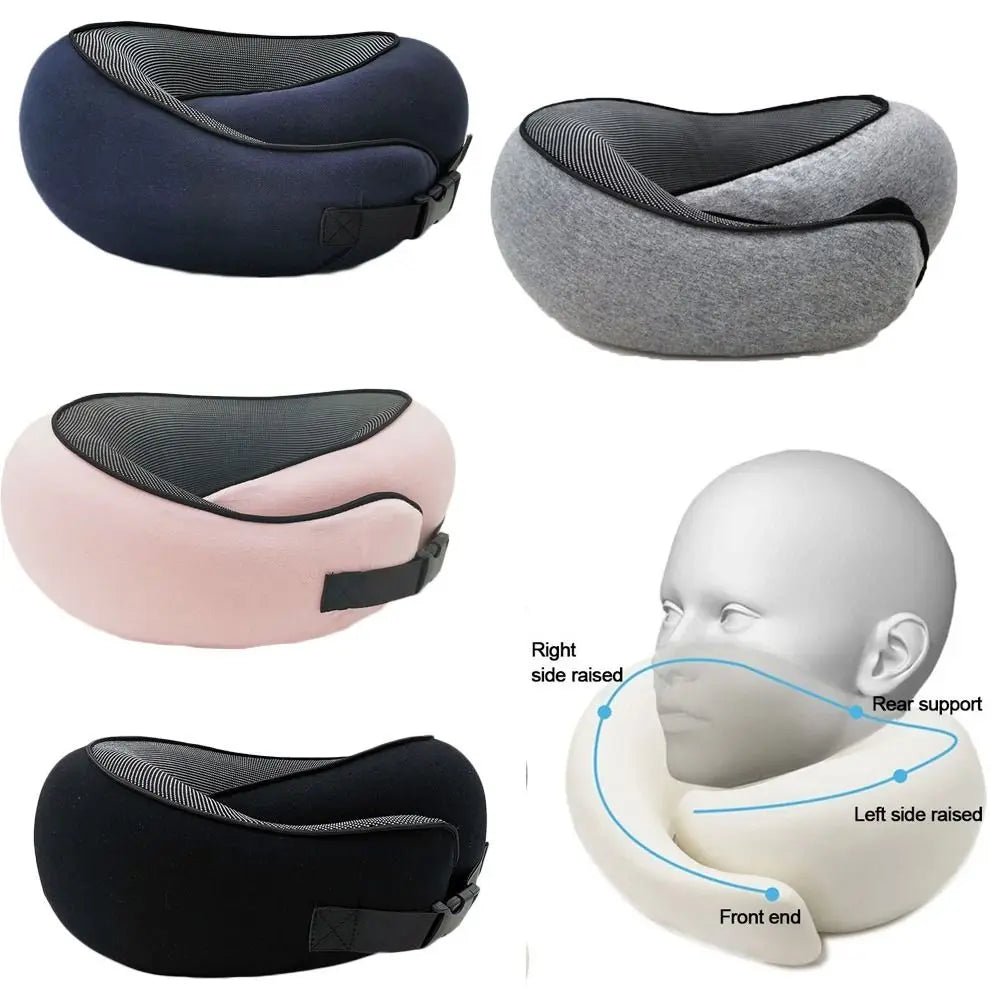 Lifestyle shot of a navy travel neck pillow showcasing adjustable memory foam design.