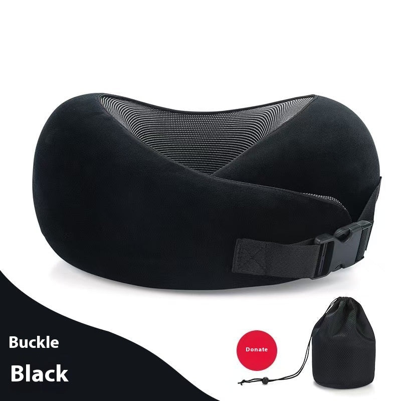 Side view of the dark gray neck pillow, highlighting its adjustable features and memory foam.