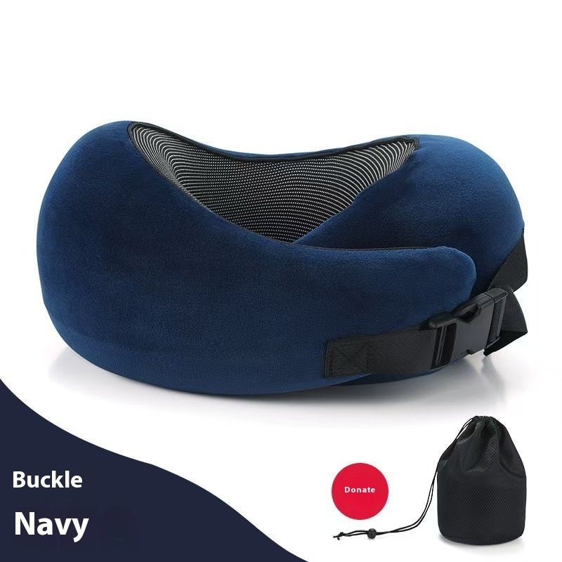 Side view of the navy neck pillow, featuring adjustable design and memory foam.