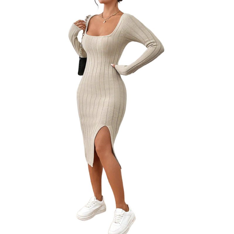 Lifestyle shot of a beige knitted dress with a square collar, long sleeves, and ribbed texture.
