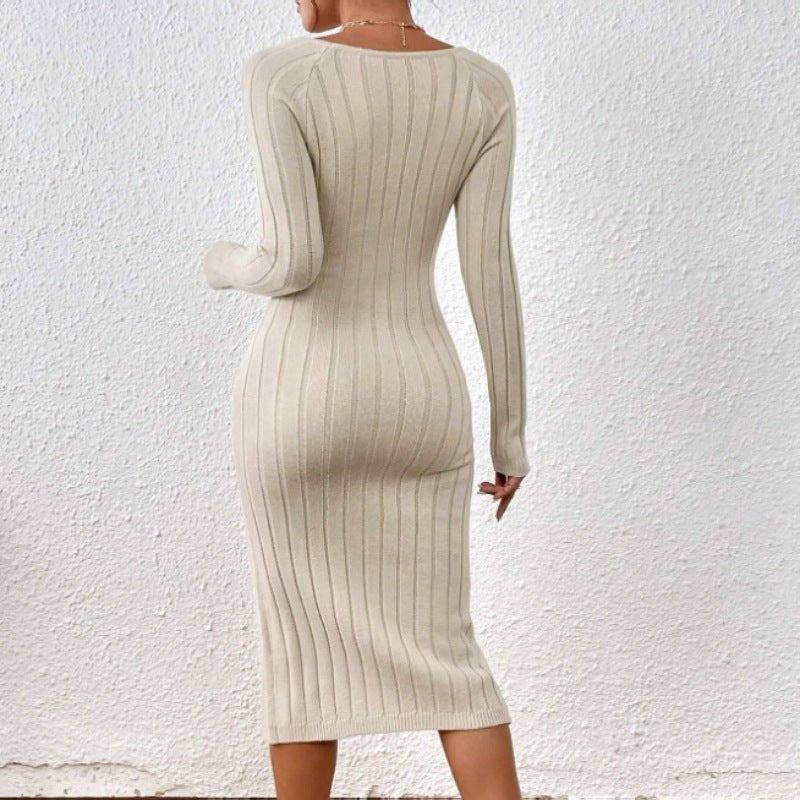 Back view of a beige knitted dress with long sleeves and a square collar, emphasizing a form-fitting silhouette.