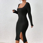 Front view of a black knitted dress highlighting the square collar and long sleeves in a chic minimalist style.