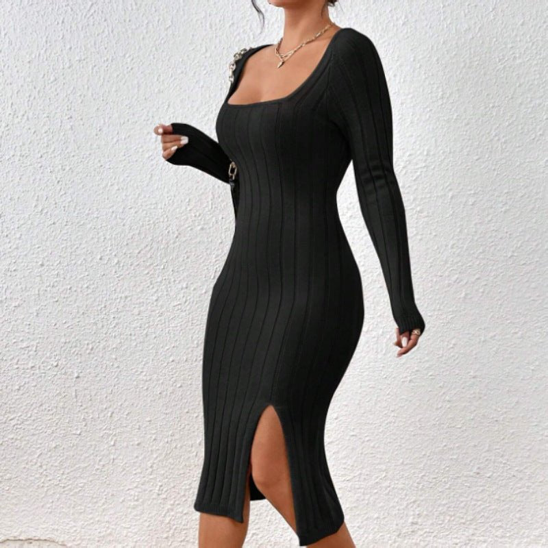 Front view of a black knitted dress highlighting the square collar and long sleeves in a chic minimalist style.
