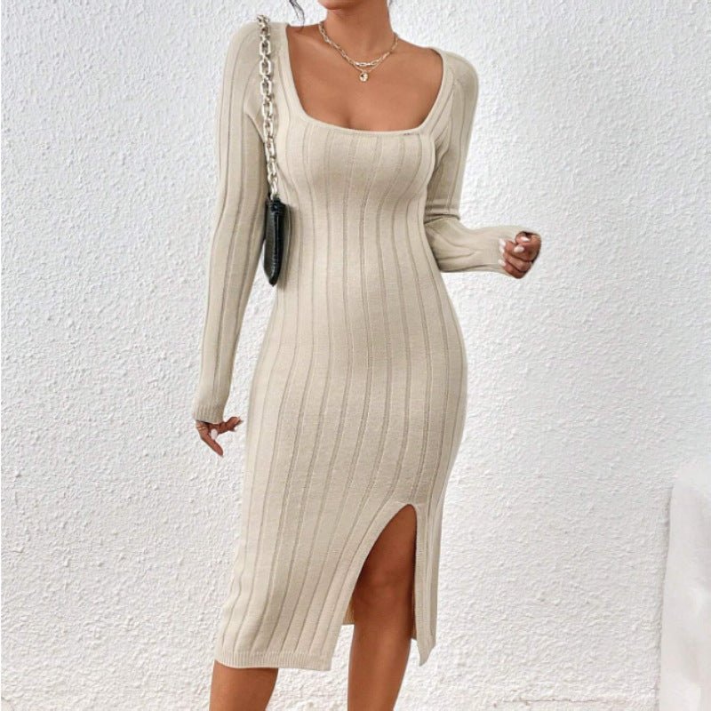 Lifestyle shot of a chic black and white knitted dress featuring a square collar and long sleeves.