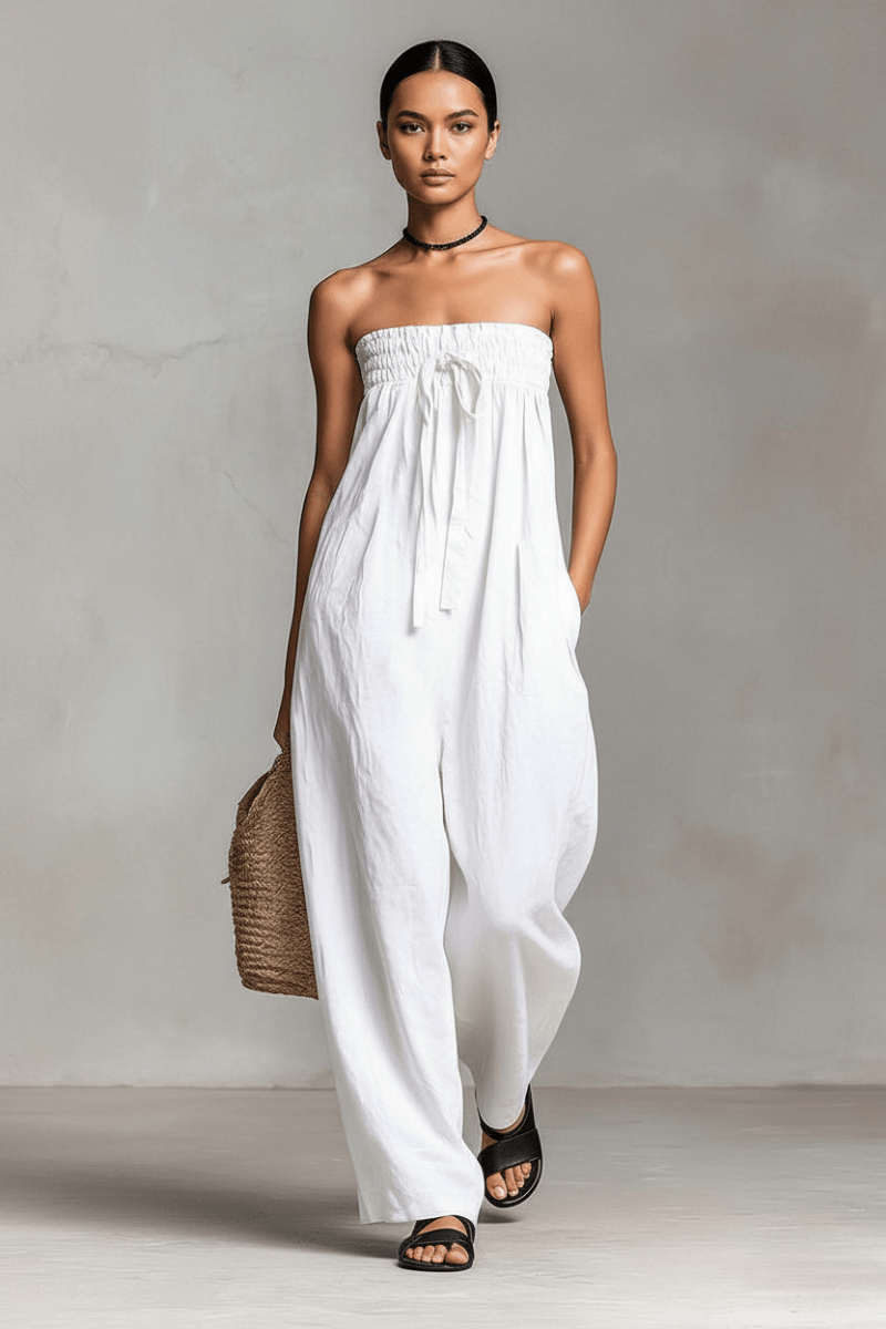 Strapless Ruched Jumpsuit – Straight Leg, Black & White - @BlackWhite
