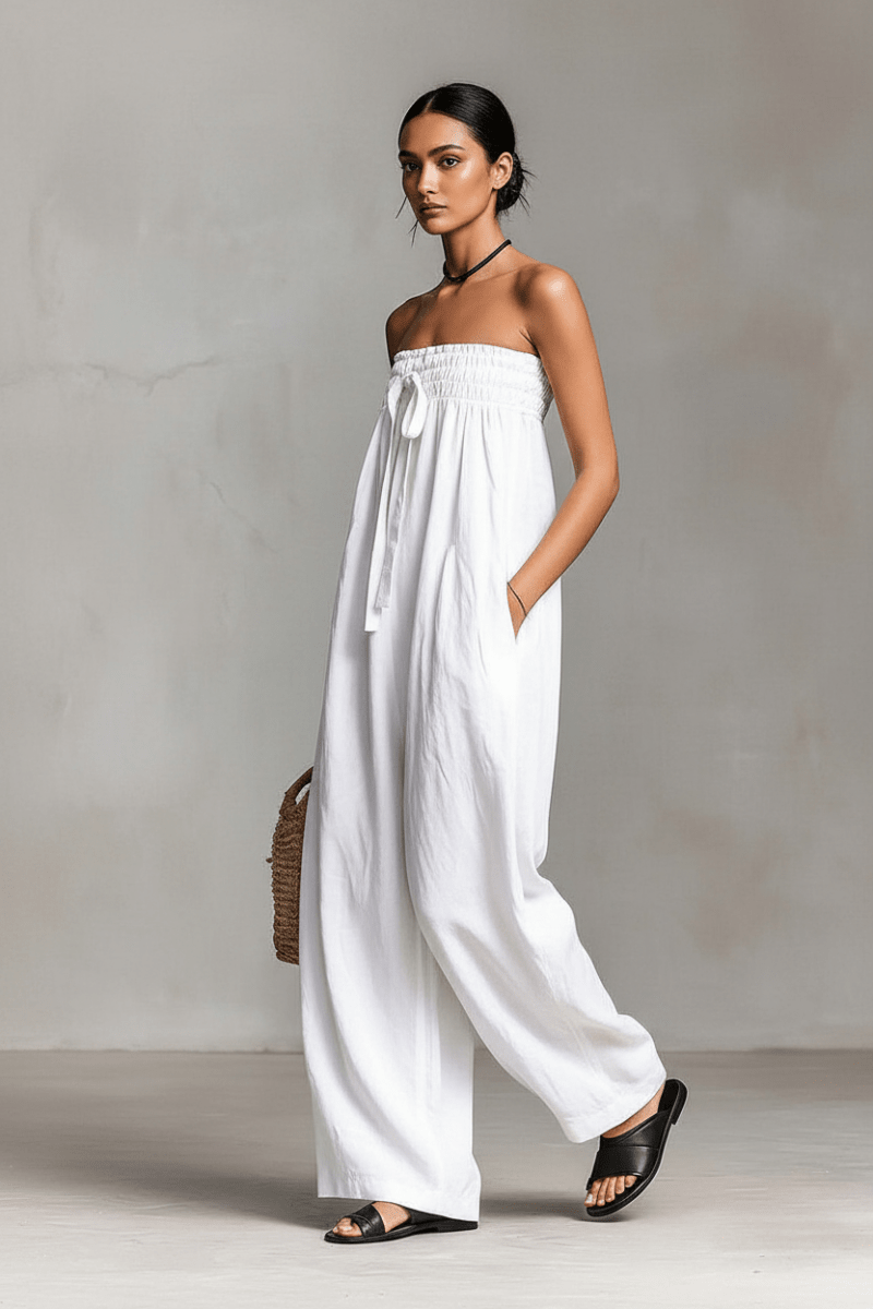 Strapless Ruched Jumpsuit – Straight Leg, Black & White - @BlackWhite