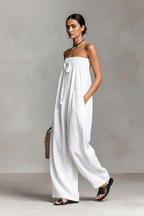Strapless Ruched Jumpsuit – Straight Leg, Black & White - @BlackWhite